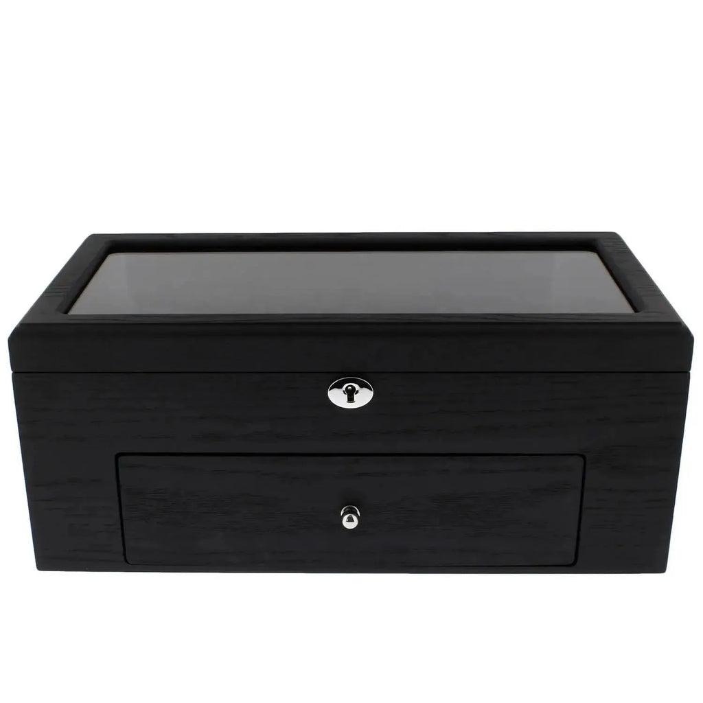 The 22 Watch Box Premium Quality Black Oak Veneer with Drawer by Tempus Luxury features a glass top, keyhole front, and a drawer with metal knob, combining style and security for your timepieces by Tempus Luxury Watch Winders.