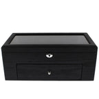 The 22 Watch Box Premium Quality Black Oak Veneer with Drawer by Tempus Luxury features a glass top, keyhole front, and a drawer with metal knob, combining style and security for your timepieces by Tempus Luxury Watch Winders.
