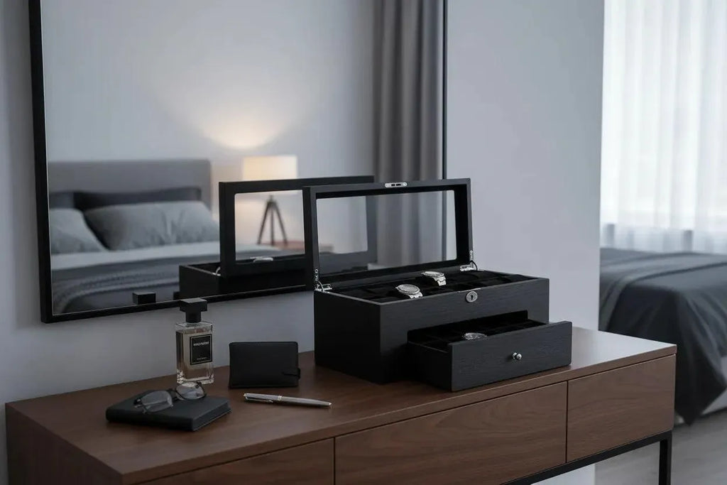 A Tempus Luxury 22 Watch Box Premium Quality Black Oak Veneer with Drawer sits before a large mirror, holding watches, a perfume bottle, wallet, and pen. A bed and lamp are visible in the background of the modern bedroom.