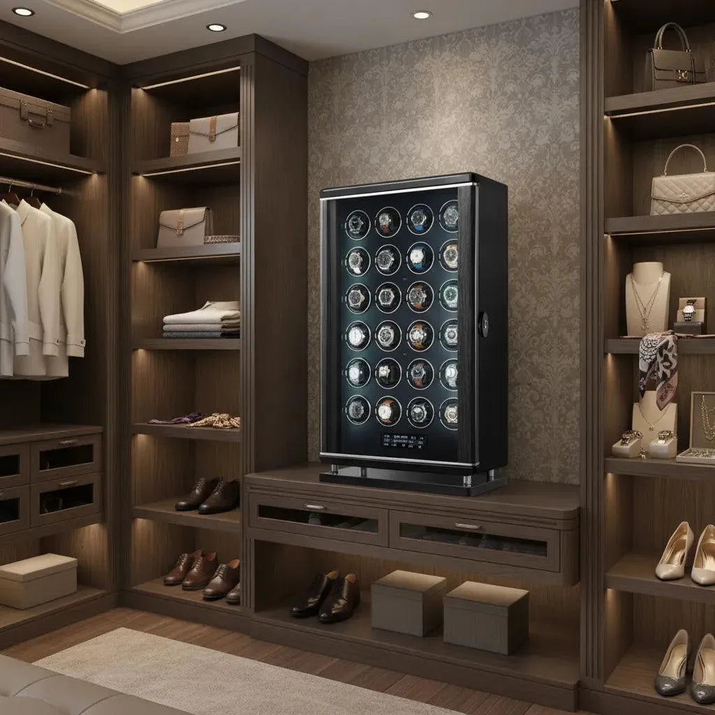Black Tempus 24-watch winder with biometric lock and LED lighting, displayed in a luxury closet.