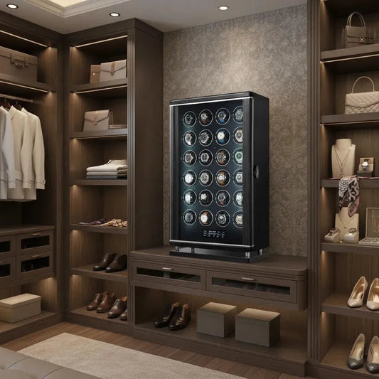 Black Tempus 24-watch winder with biometric lock and LED lighting, displayed in a luxury closet.