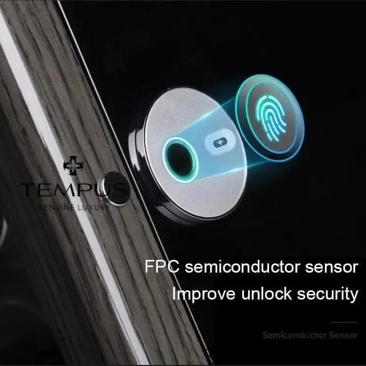 A close-up shows the 12 Watch Winder for Automatic Watches by Tempus Luxury Watch Winders featuring BioMetric Technology with a glowing fingerprint icon. Text reads: BioMetric Technology—Enhance security for your valuable timepieces.