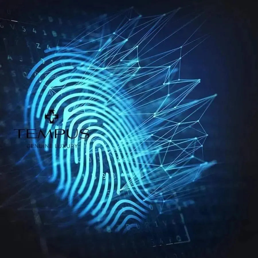 A glowing blue digital fingerprint and geometric lines overlay a dark background with numbers. On the left, “Tempus Luxury watch Winders” evokes the 12 Watch Winder for Automatic Watches with BioMetric Technology for men.