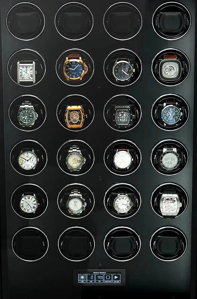 A Tempus Luxury Watch Winders 24 Watch Winder Safe (Grade 3, £350,000 insurance rated) showcases luxury wristwatches in a black display case and offers premium automatic watch care.