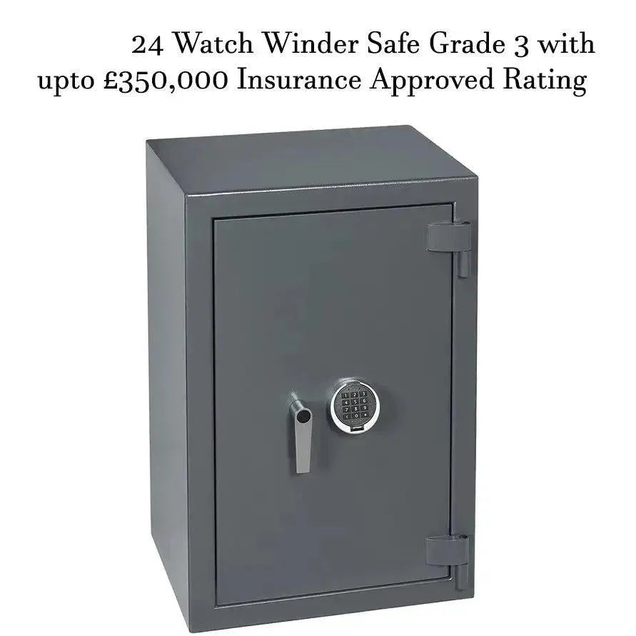 A gray rectangular Tempus Luxury Watch Winders safe with a digital keypad and handle. Text above: 24 Watch Winder Safe Grade 3 with £350,000 Insurance Rating by Tempus—the ultimate automatic watch safe solution.