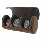  Premium Triple Watch Roll in vintage brown leather features a super soft grey suede lining, holding three wristwatches securely in individual compartments with the lid open for elegant display.