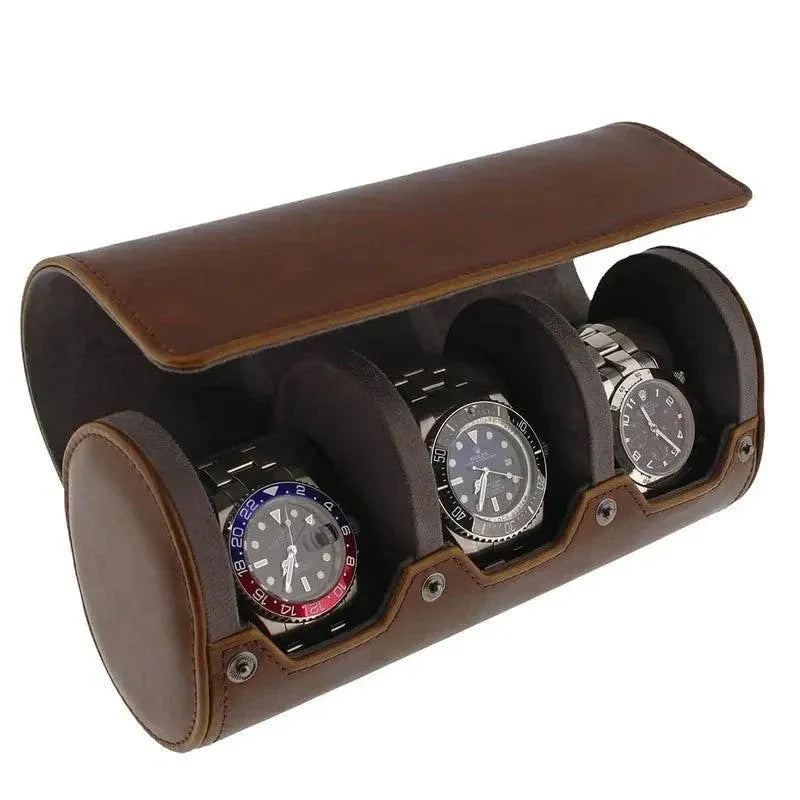  Triple Watch Roll, crafted in vintage brown leather with super soft grey suede lining, stylishly holds three watches in separate compartments—an elegant storage solution for your collection.