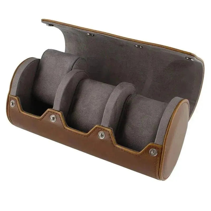 Triple Watch Roll in vintage brown leather with super soft grey suede lining features snap closures and three compartments—ideal for stylish travel organization.