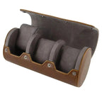 Triple Watch Roll in vintage brown leather with super soft grey suede lining features snap closures and three compartments—ideal for stylish travel organization.
