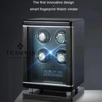 A 4 Watch Winder for Automatic Watches with BioMetric Technology by Tempus Luxury Watch Winders showcases four watches, a digital control panel, and smart fingerprint biometric lock. Text reads: The first innovative design. TEMPUS branding on the left.