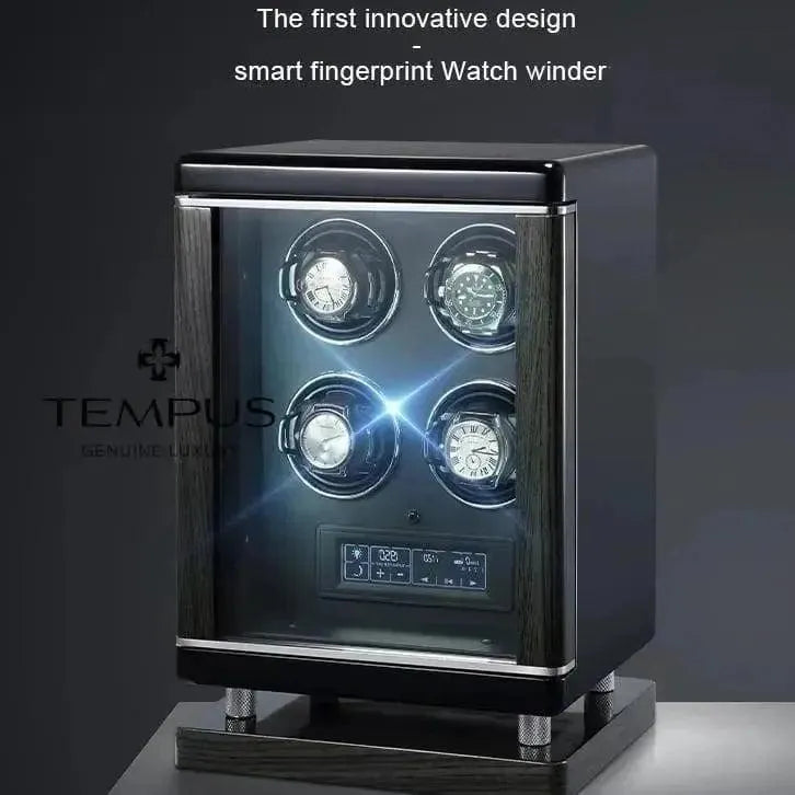 A 4 Watch Winder for Automatic Watches with BioMetric Technology by Tempus Luxury Watch Winders showcases four watches, a digital control panel, and smart fingerprint biometric lock. Text reads: The first innovative design. TEMPUS branding on the left.