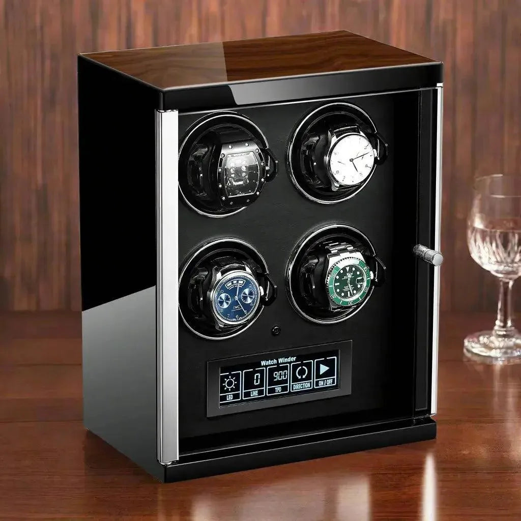 The Tempus Luxury Watch Winders 4 Watch Winder for Automatic Watches features a touch screen control, glass door, and rotating holders, elegantly displayed on a wooden surface beside an empty glass.