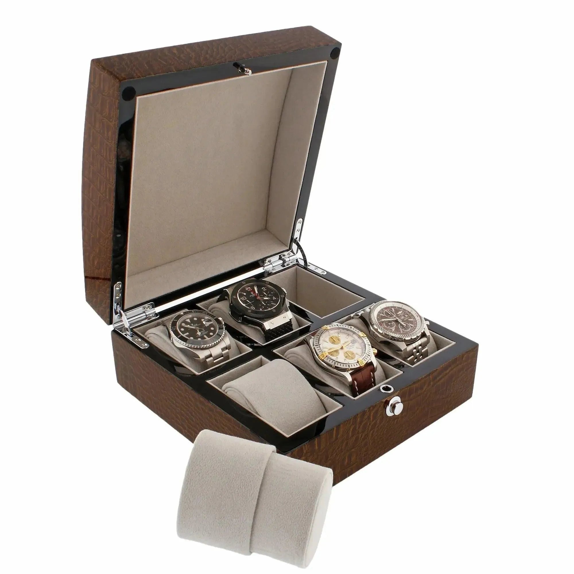 The Tempus Luxury Watch Winders 6 Watch Box in Brown High Gloss Lacquered Crocodile Print Finish is open, revealing three luxury watches and two empty cushioned holders set against a soft beige fabric interior for premium storage.