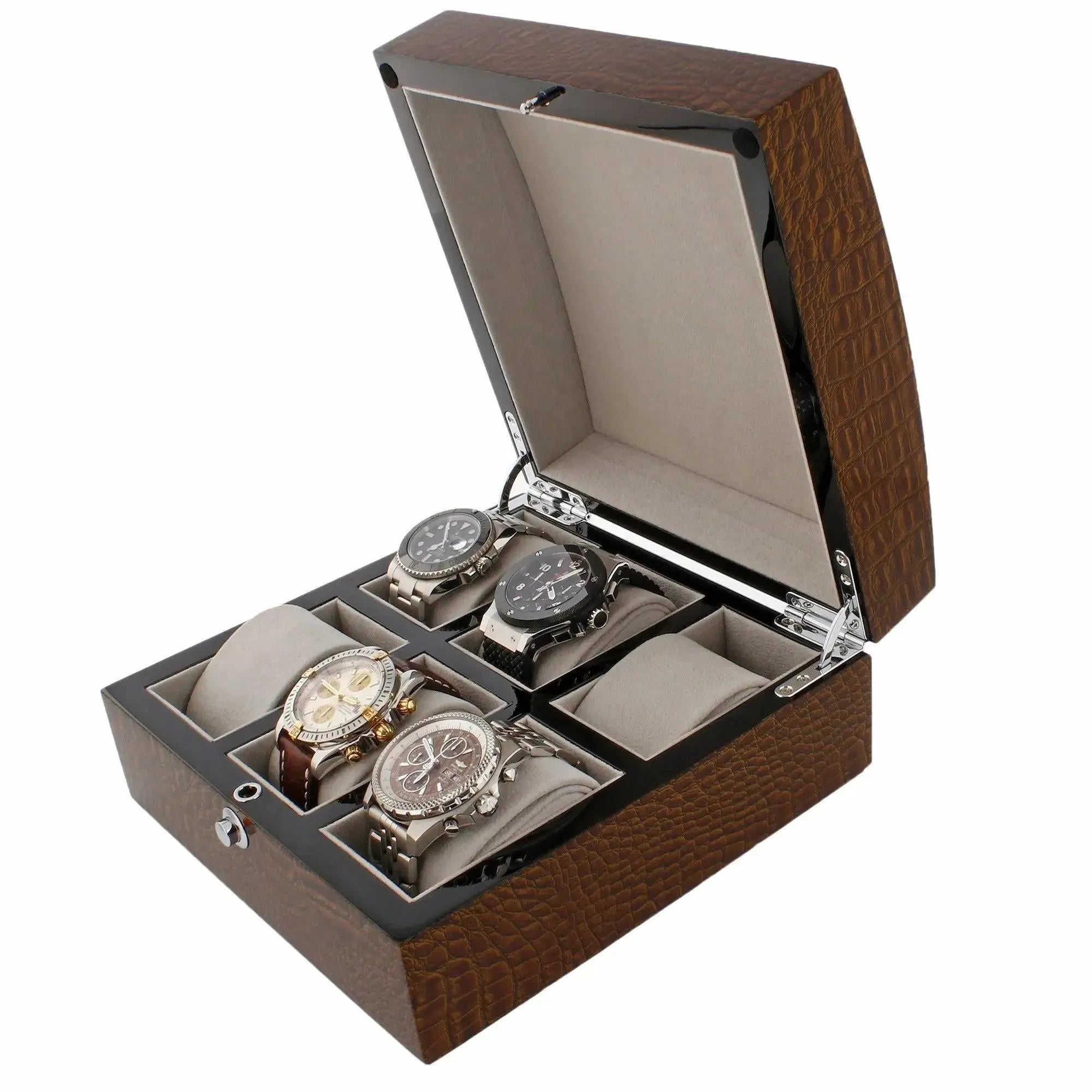 The Tempus Luxury Watch Winders 6 Watch Box features a brown high gloss lacquered crocodile print finish and a soft beige interior, offering elegant storage for six wristwatches displayed in separate compartments with the lid open.
