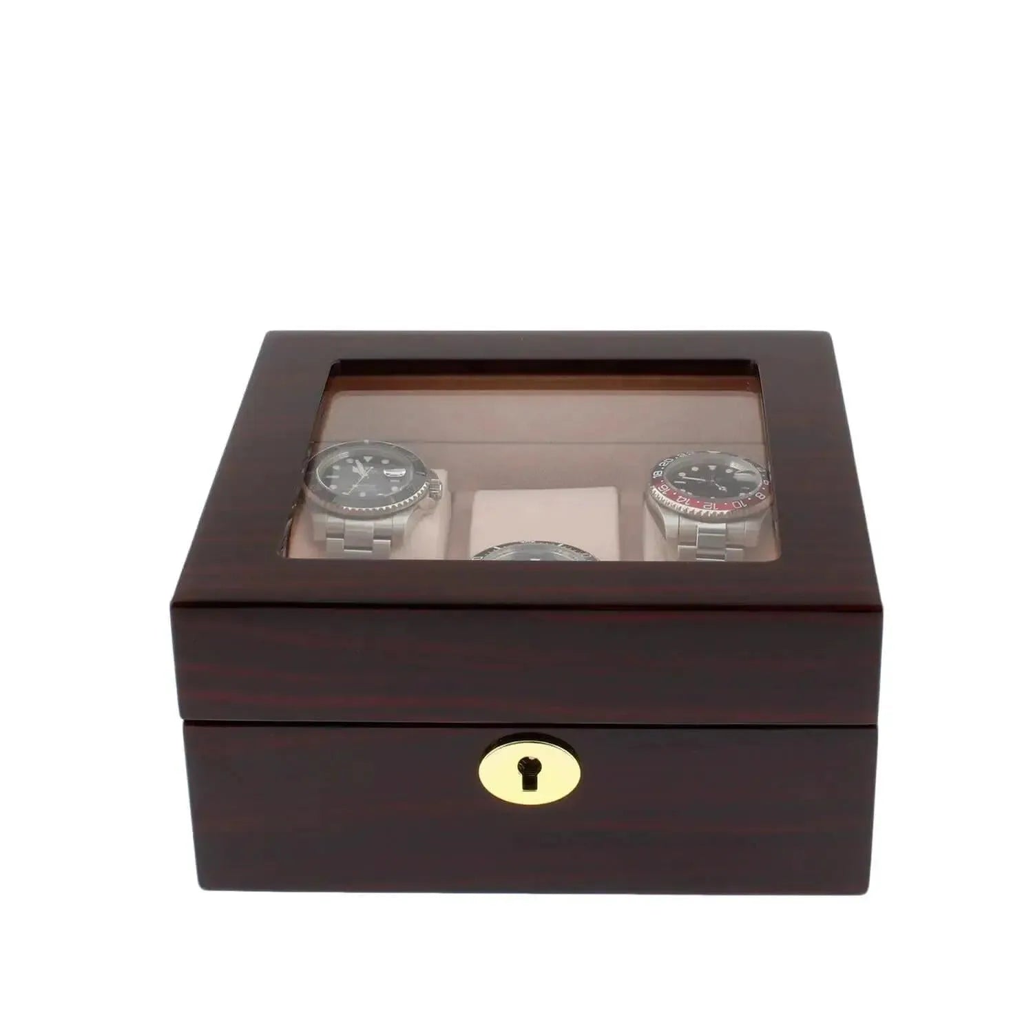 The Tempus 6 Watch Box, crafted in premium cherry wood piano gloss with luxury lining, features a glass top for displaying watches and an elegant gold-colored keyhole on the front.