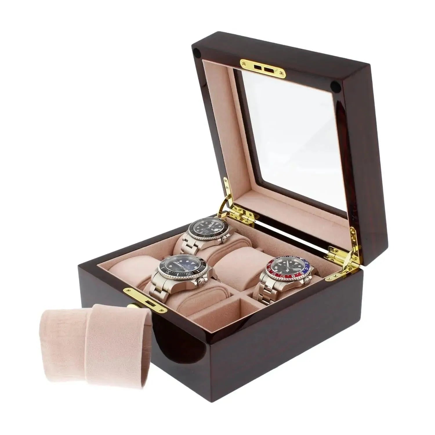 The Tempus 6 Watch Box in Premium Cherry Wood Piano Gloss Finish with luxury lining features a glass lid, gold hinges, and beige interior. It showcases three wristwatches inside, with one beige watch cushion placed outside the box.