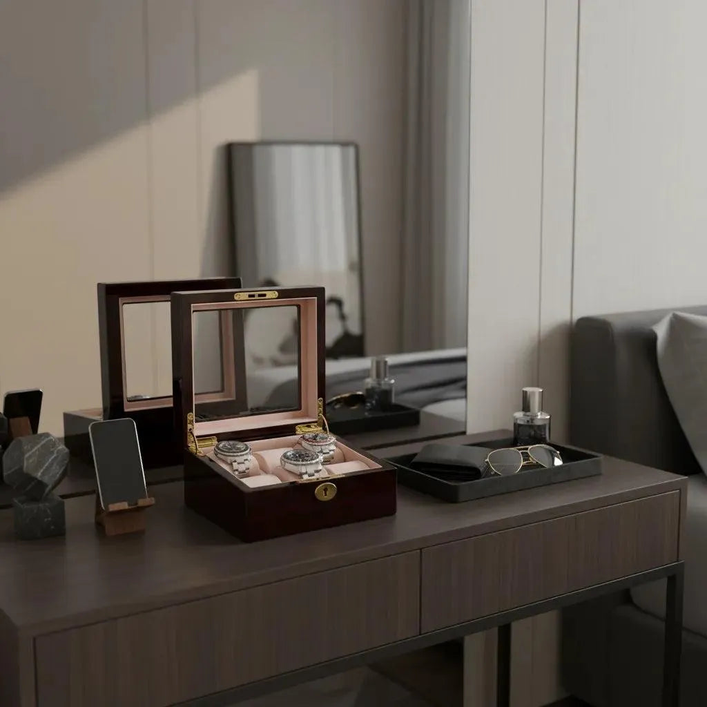 A Tempus 6 Watch Box in Premium Cherry Wood Piano Gloss Finish with Luxury Lining, displaying two watches, sits on a modern desk beside a phone stand, dark tray with sunglasses, bottle, decor, mirror, and sofa in the background.