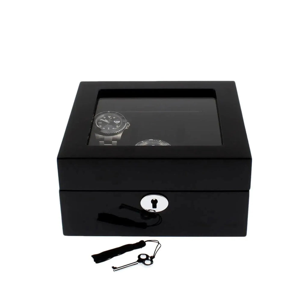 The Tempus Luxury Watch Winders 6 Watch Box in Premium Piano Black Gloss Finish with black luxury lining features a glass top for elegant display, holding up to six watches in style for sophisticated watch storage.
