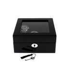 The Tempus Luxury Watch Winders 6 Watch Box in Premium Piano Black Gloss Finish with black luxury lining features a glass top for elegant display, holding up to six watches in style for sophisticated watch storage.