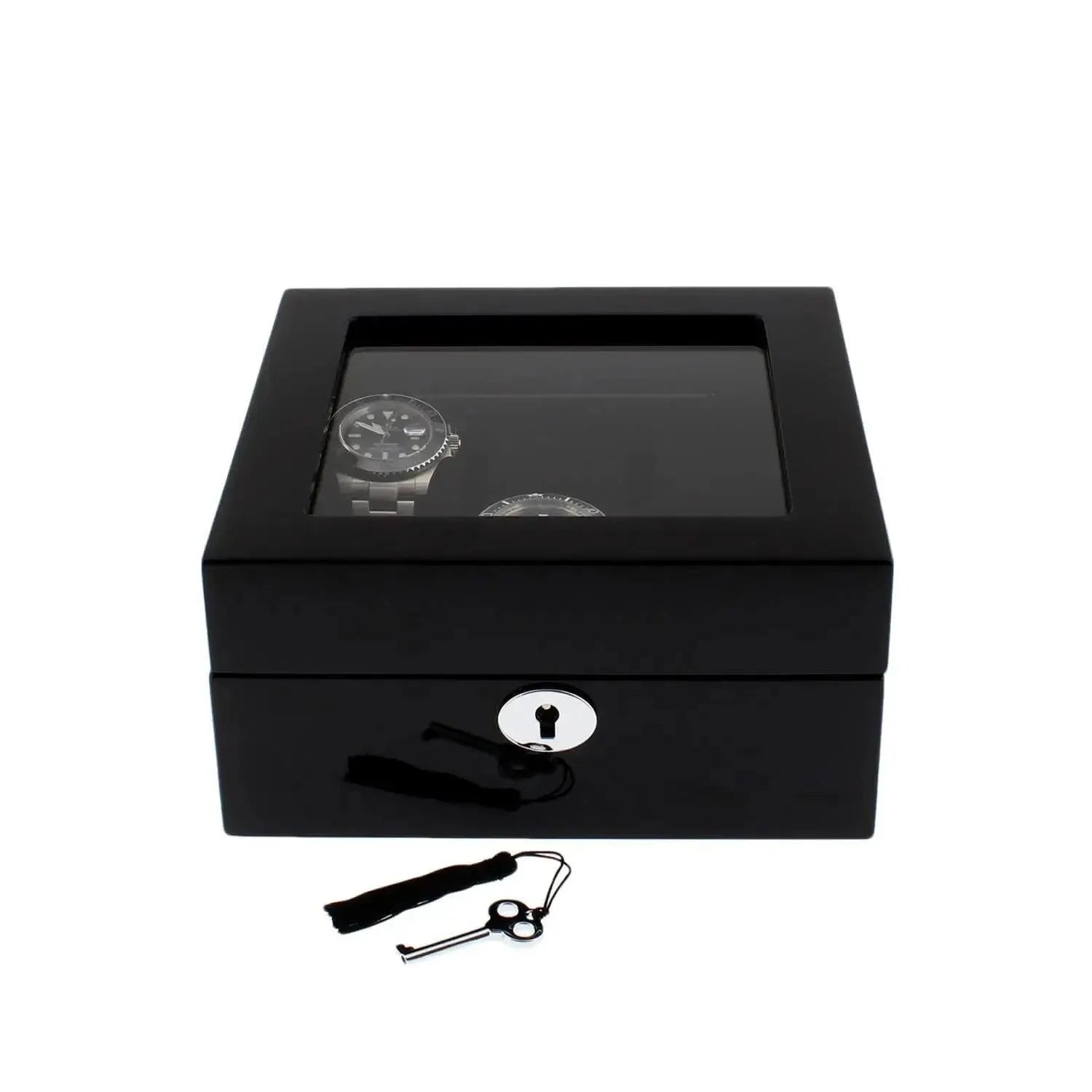 The Tempus Luxury Watch Winders 6 Watch Box in Premium Piano Black Gloss Finish with black luxury lining features a glass top for elegant display, holding up to six watches in style for sophisticated watch storage.
