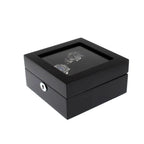 The Tempus Luxury Watch Winders 6 Watch Box features a premium piano black gloss finish, glass top, and black luxury lining. It securely stores up to six watches and includes a front keyhole for added protection.