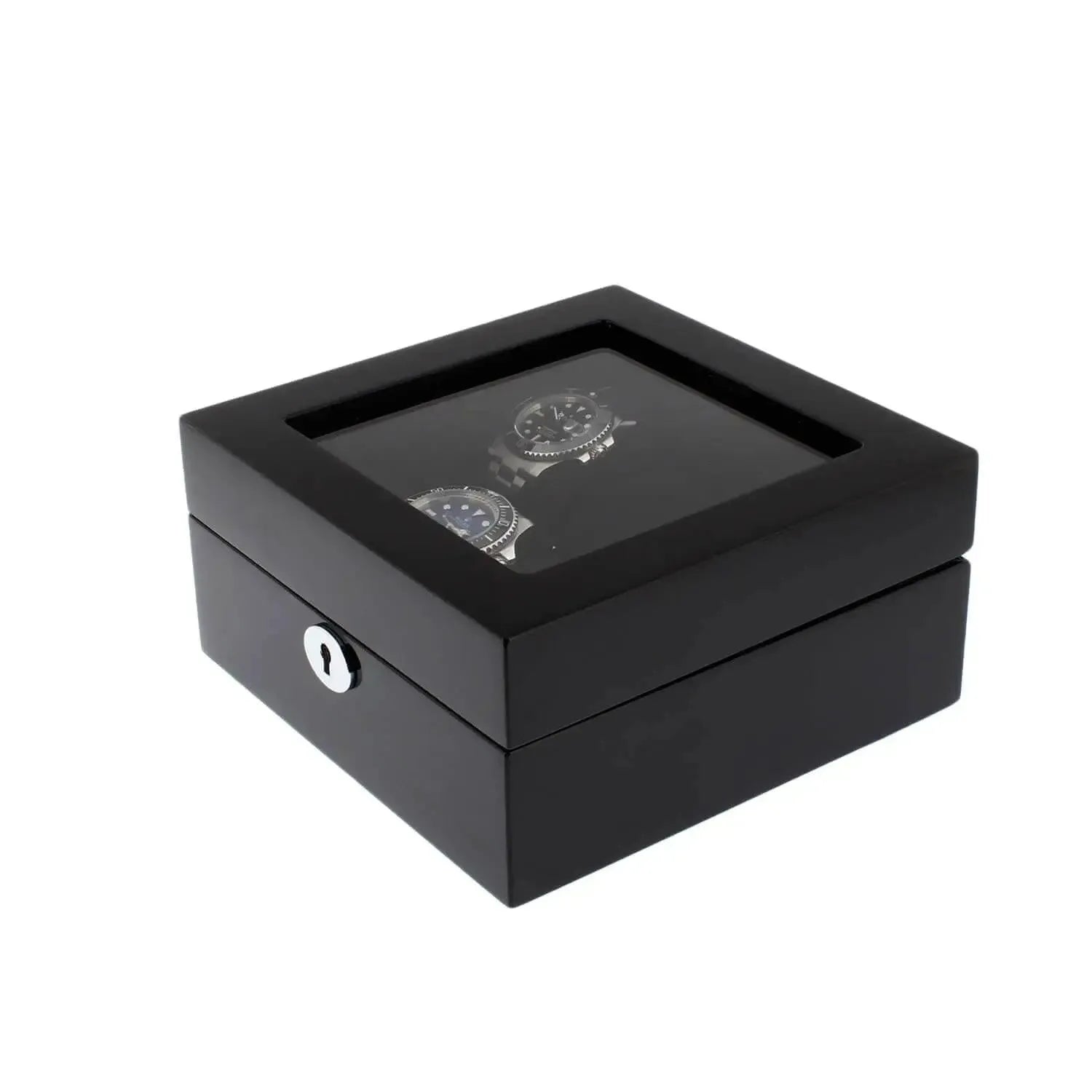 The Tempus Luxury Watch Winders 6 Watch Box features a premium piano black gloss finish, glass top, and black luxury lining. It securely stores up to six watches and includes a front keyhole for added protection.