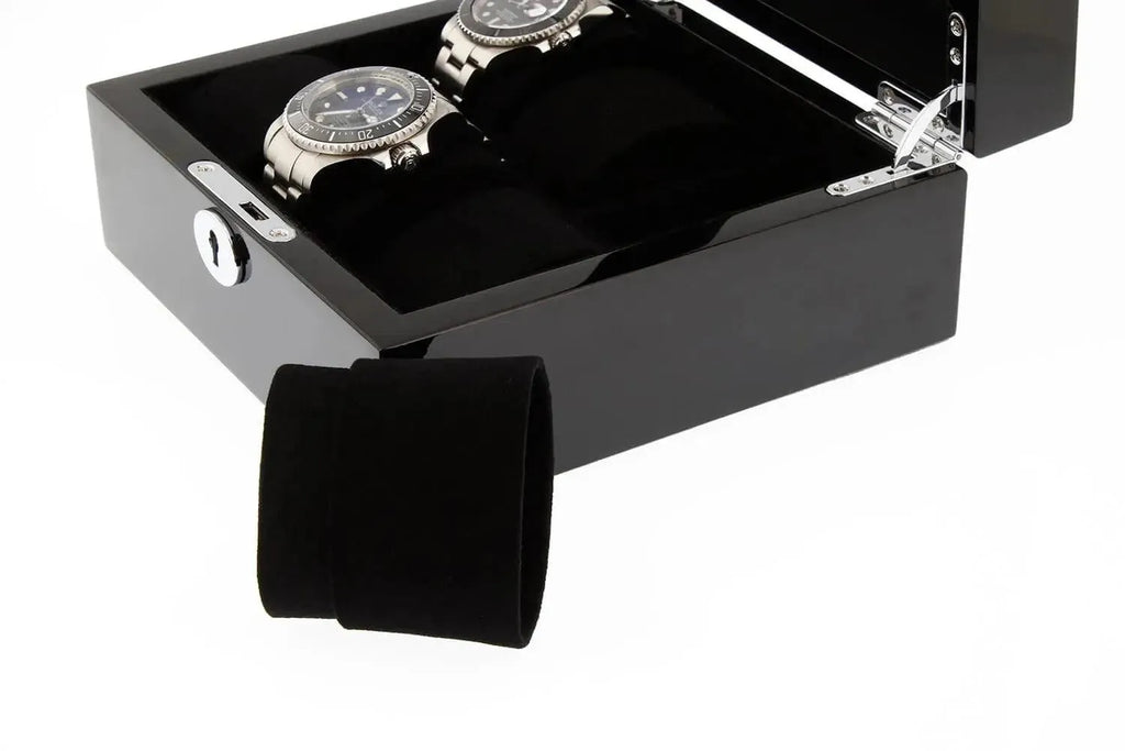 The Tempus Luxury Watch Winders 6 Watch Box in Premium Piano Black Gloss Finish with black luxury lining is open, displaying space for six watches and a black velvet pillow, offering elegant luxury watch storage.
