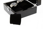 The Tempus Luxury Watch Winders 6 Watch Box in Premium Piano Black Gloss Finish with black luxury lining is open, displaying space for six watches and a black velvet pillow, offering elegant luxury watch storage.
