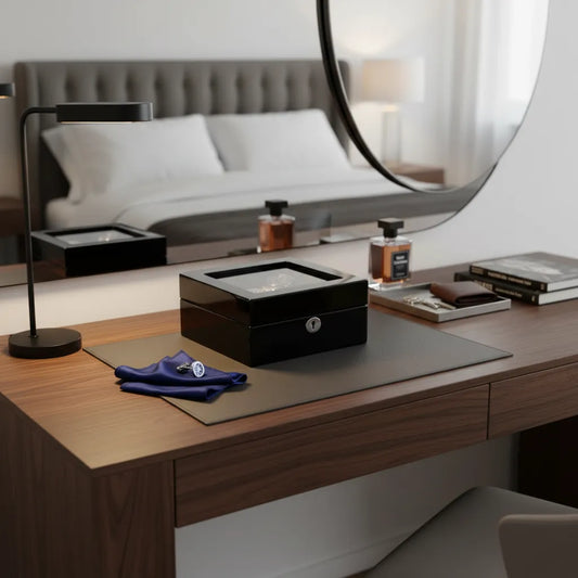 A modern wooden dressing table with a black lamp, Tempus Luxury Watch Winders 6 Watch Box in Premium Piano Black Gloss Finish, books, perfumes, and a blue cloth. A round mirror reflects a bed and bedside lamp in this minimalist bedroom.