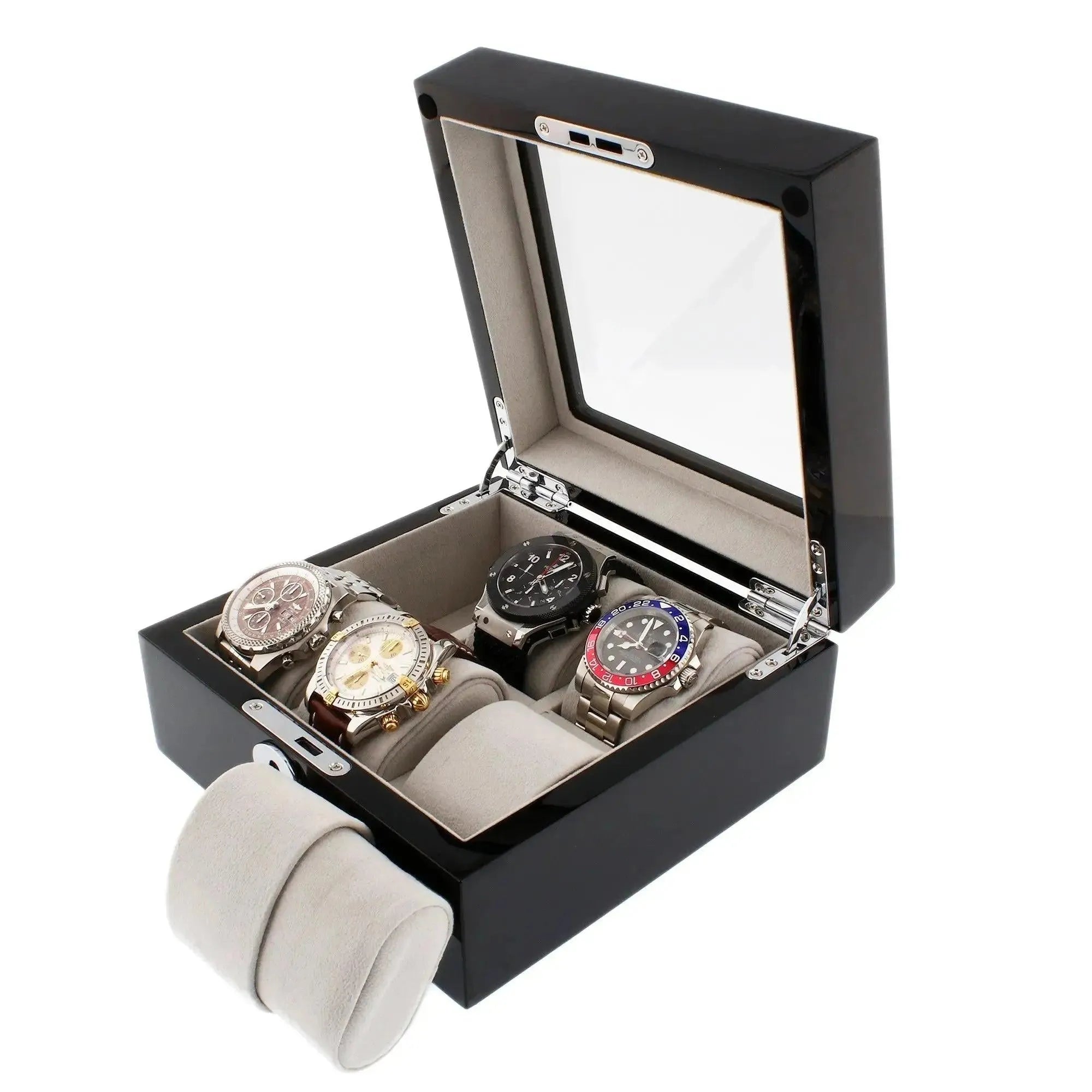 The Tempus Luxury Watch Winders 6 Watch Box in Premium Piano Black Gloss Finish with Grey Luxury Lining stylishly displays up to six wristwatches behind a glass lid, offering elegant and secure storage for your watch collection.