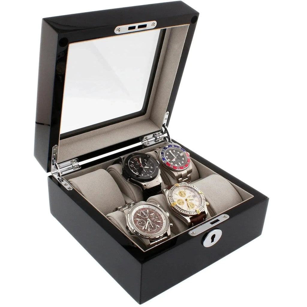 The Tempus Luxury Watch Winders 6 Watch Box in Premium Piano Black Gloss Finish with Grey Luxury Lining features a glass lid, cushioned slots, and a front keyhole to elegantly display and secure up to six wristwatches.