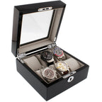 The Tempus Luxury Watch Winders 6 Watch Box in Premium Piano Black Gloss Finish with Grey Luxury Lining features a glass lid, cushioned slots, and a front keyhole to elegantly display and secure up to six wristwatches.