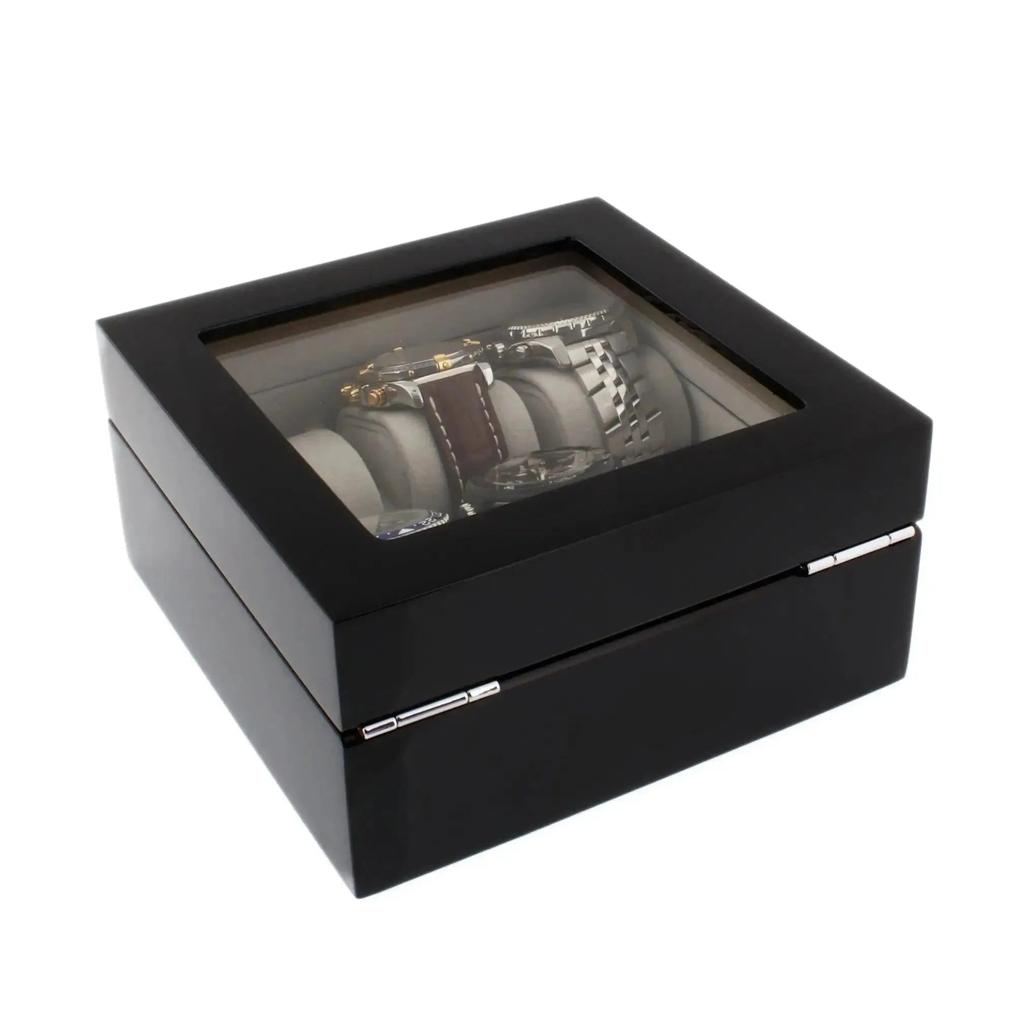 The Tempus Luxury Watch Winders 6 Watch Box features a premium piano black gloss finish and grey luxury lining, offering stylish storage for up to six timepieces.