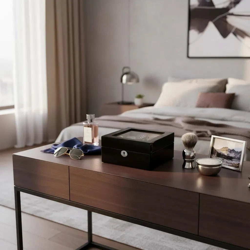 A modern bedroom features a wooden dresser displaying sunglasses, a Tempus Luxury Watch Winders 6 Watch Box in Premium Piano Black Gloss Finish with Grey Luxury Lining, a perfume bottle, shaving set, framed photo, and a neatly made bed by a large window.