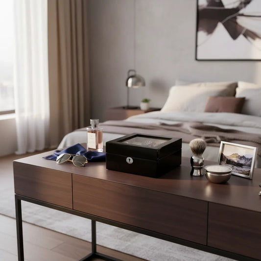 A modern bedroom features a wooden dresser displaying sunglasses, a Tempus Luxury Watch Winders 6 Watch Box in Premium Piano Black Gloss Finish with Grey Luxury Lining, a perfume bottle, shaving set, framed photo, and a neatly made bed by a large window.