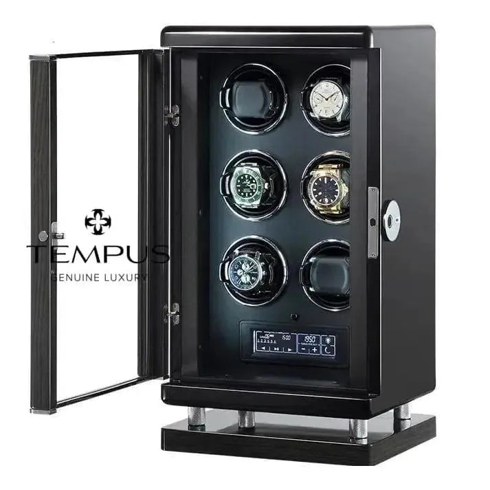 The 6 Watch Winder for Automatic Watches with BioMetric Technology by Tempus Luxury Watch Winders features a black finish, glass door, digital control panel, and six rotating holders. The TEMPUS logo appears on the left side of the door.