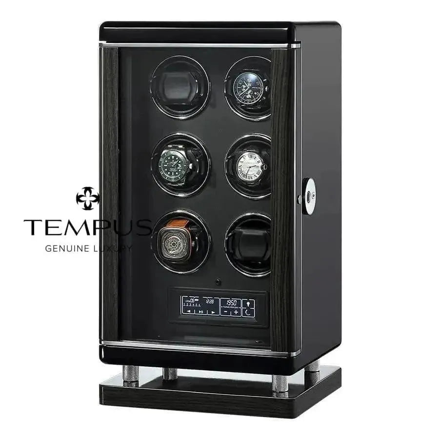 The Tempus Luxury 6 Watch Winder for Automatic Watches features a black rectangular cabinet with a glass door, digital control panel, rotating holders for six watches, and the Tempus logo on the glass. BioMetric Technology included.
