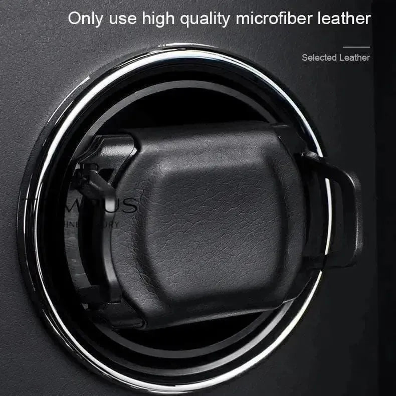 Close-up of the Tempus Luxury Watch Winders’ 6 Watch Winder for Automatic Watches with BioMetric Technology, featuring high-quality microfiber leather and chrome accents. Text above reads, “Only use high quality microfiber leather.”.