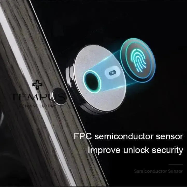 A close-up of the 6 Watch Winder for Automatic Watches with BioMetric Technology shows its fingerprint scanner glowing, with the text: FPC semiconductor sensor enhances unlock security. Tempus Luxury watch Winders logo is on the left.