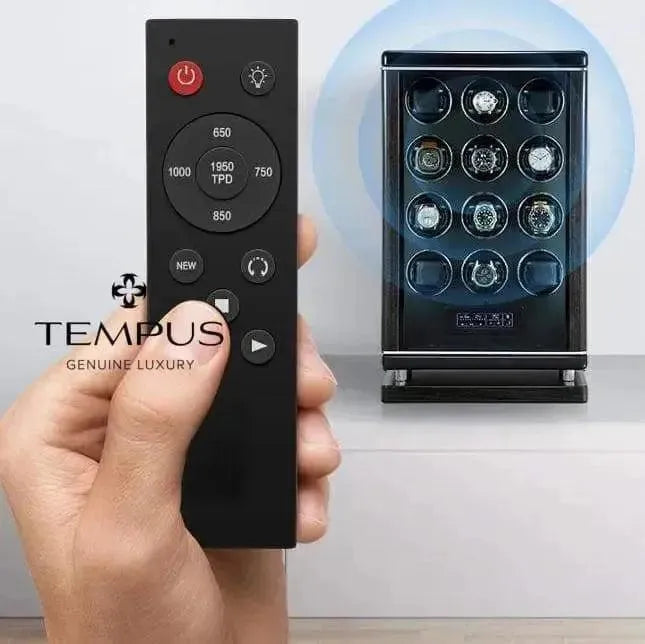 A hand holds a black remote control pointed at the 6 Watch Winder for Automatic Watches with BioMetric Technology by Tempus Luxury watch Winders, showcasing multiple watches. The Tempus Genuine Luxury logo is visible on the left.