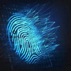 A glowing blue digital fingerprint with geometric lines overlays a dark, binary-filled background, evoking a secure biometric lock. 