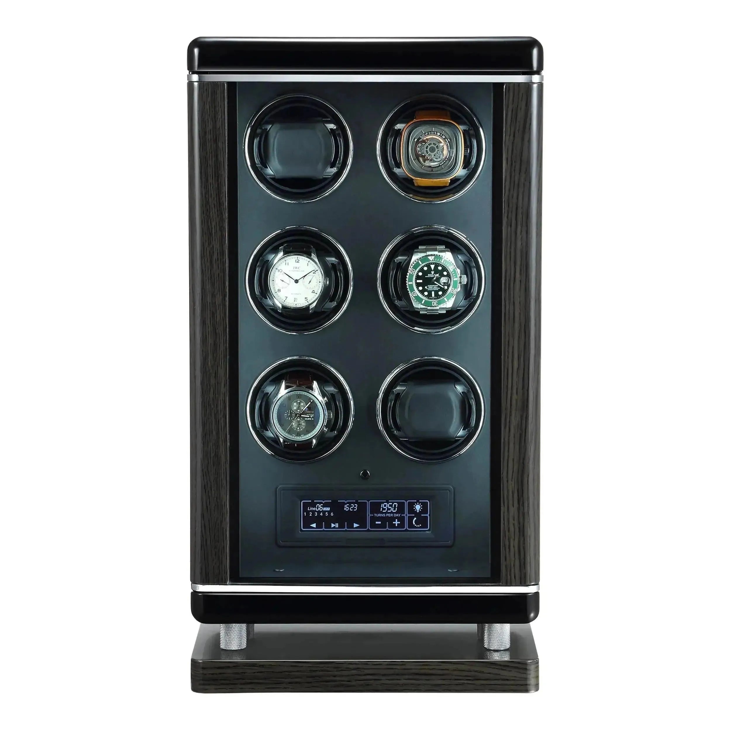 The 6 Watch Winder for Automatic Watches with BioMetric Technology by Tempus features a sleek black and silver vertical case, six circular slots, an electronic control panel, and is crafted by Tempus Luxury Watch Winders.