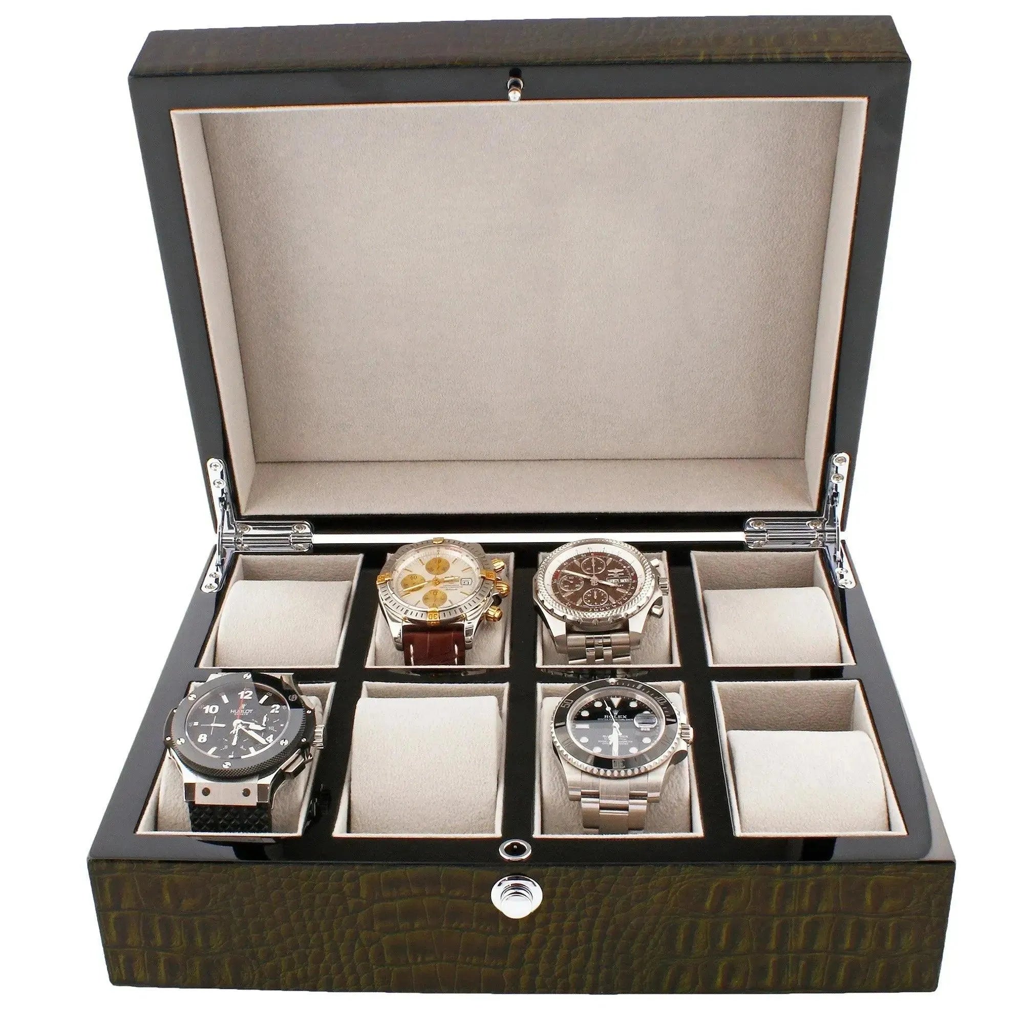 The Tempus Luxury Watch Winders 8 Watch Box in Premium Green High Gloss Lacquered Crocodile Print Finish features a light interior that displays four wristwatches in separate slots, with space for more—ideal for luxury watch storage.