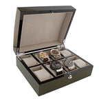 The Tempus Luxury Watch Winders 8 Watch Box features a premium green high-gloss lacquered crocodile print exterior and a soft interior, with compartments to display up to eight wristwatches in elegant style.
