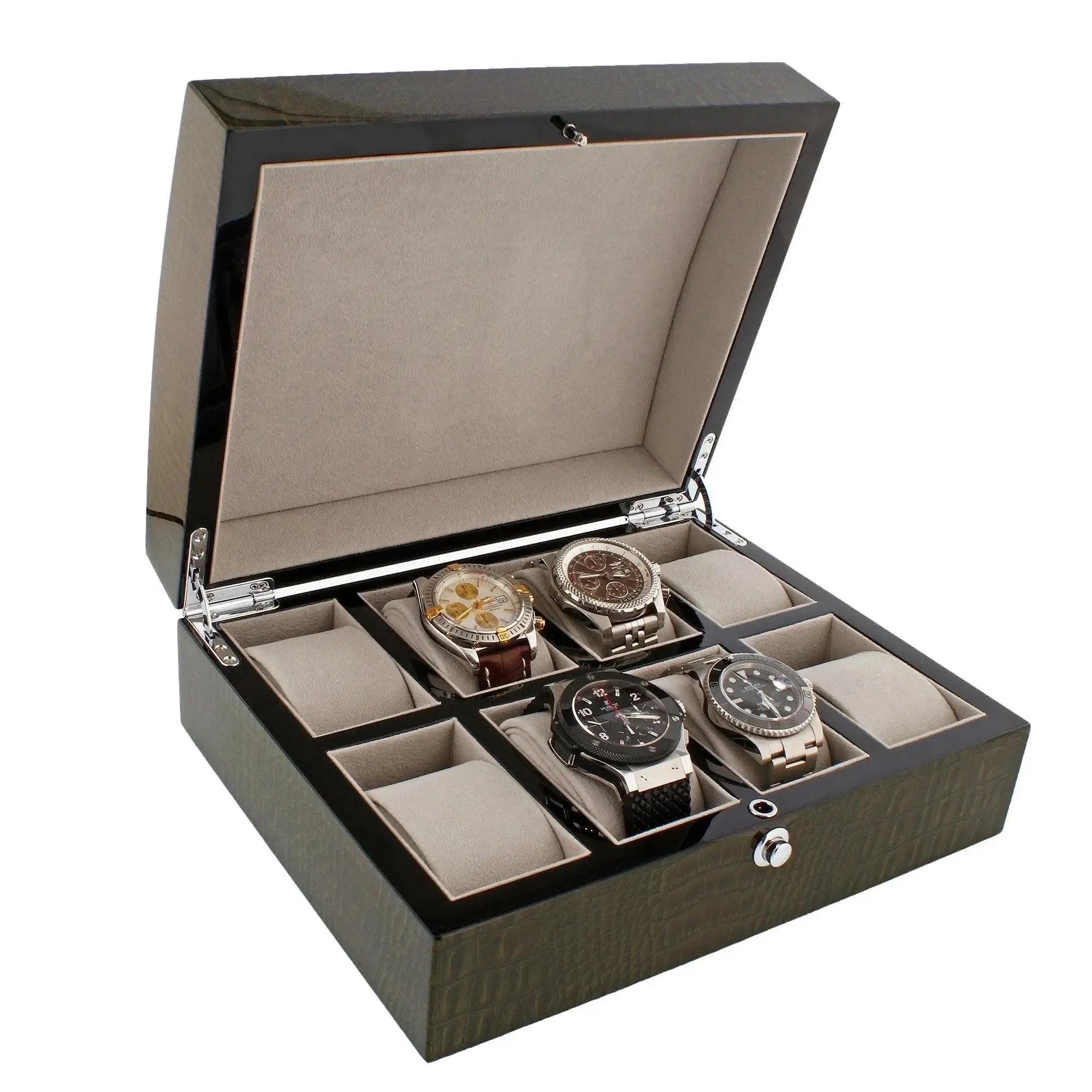 The Tempus Luxury Watch Winders 8 Watch Box features a premium green high-gloss lacquered crocodile print exterior and a soft interior, with compartments to display up to eight wristwatches in elegant style.