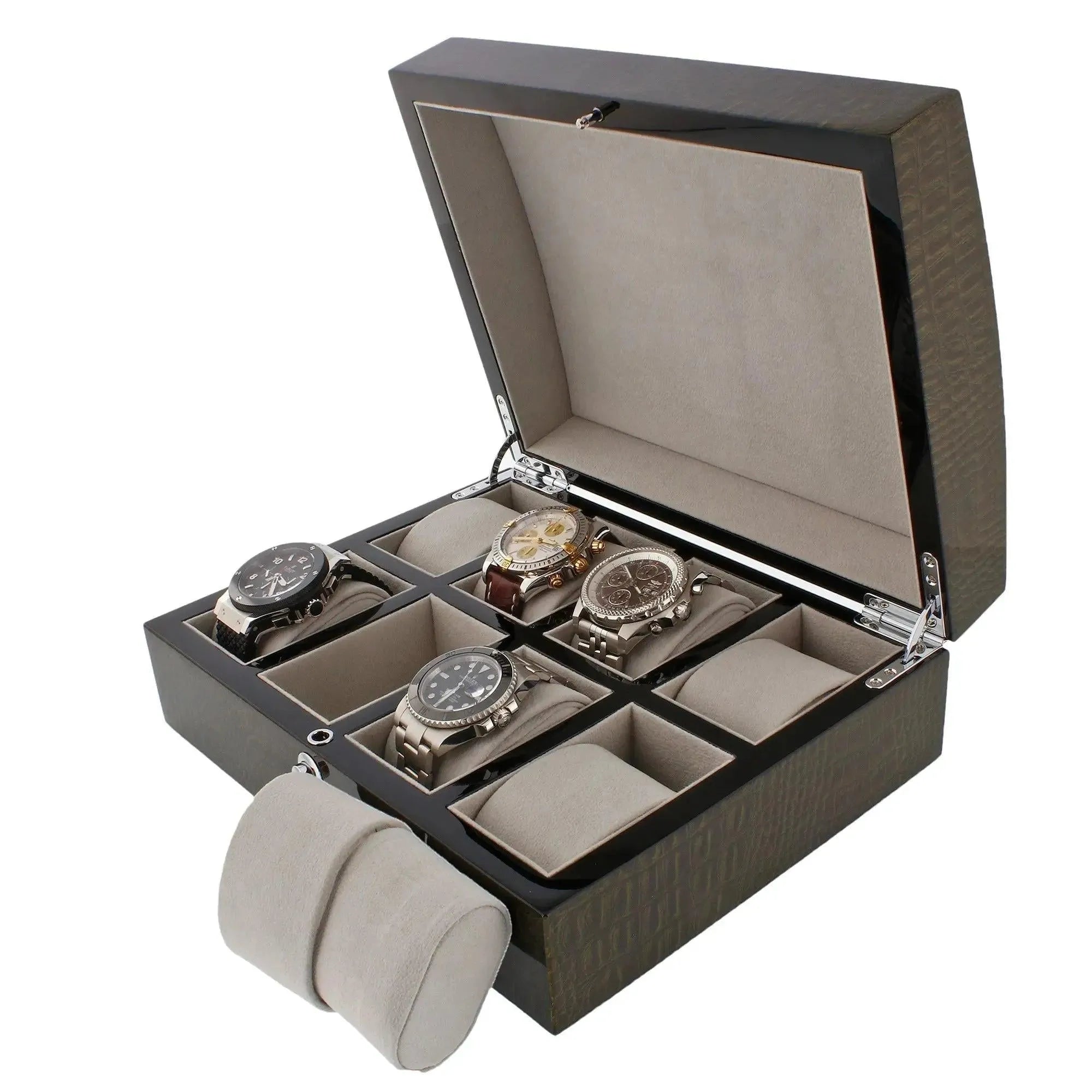 The Tempus Luxury Watch Winders 8 Watch Box features a premium green high gloss lacquered crocodile print finish, a beige velvet interior, and compartments for eight watches. The open box elegantly displays your collection.