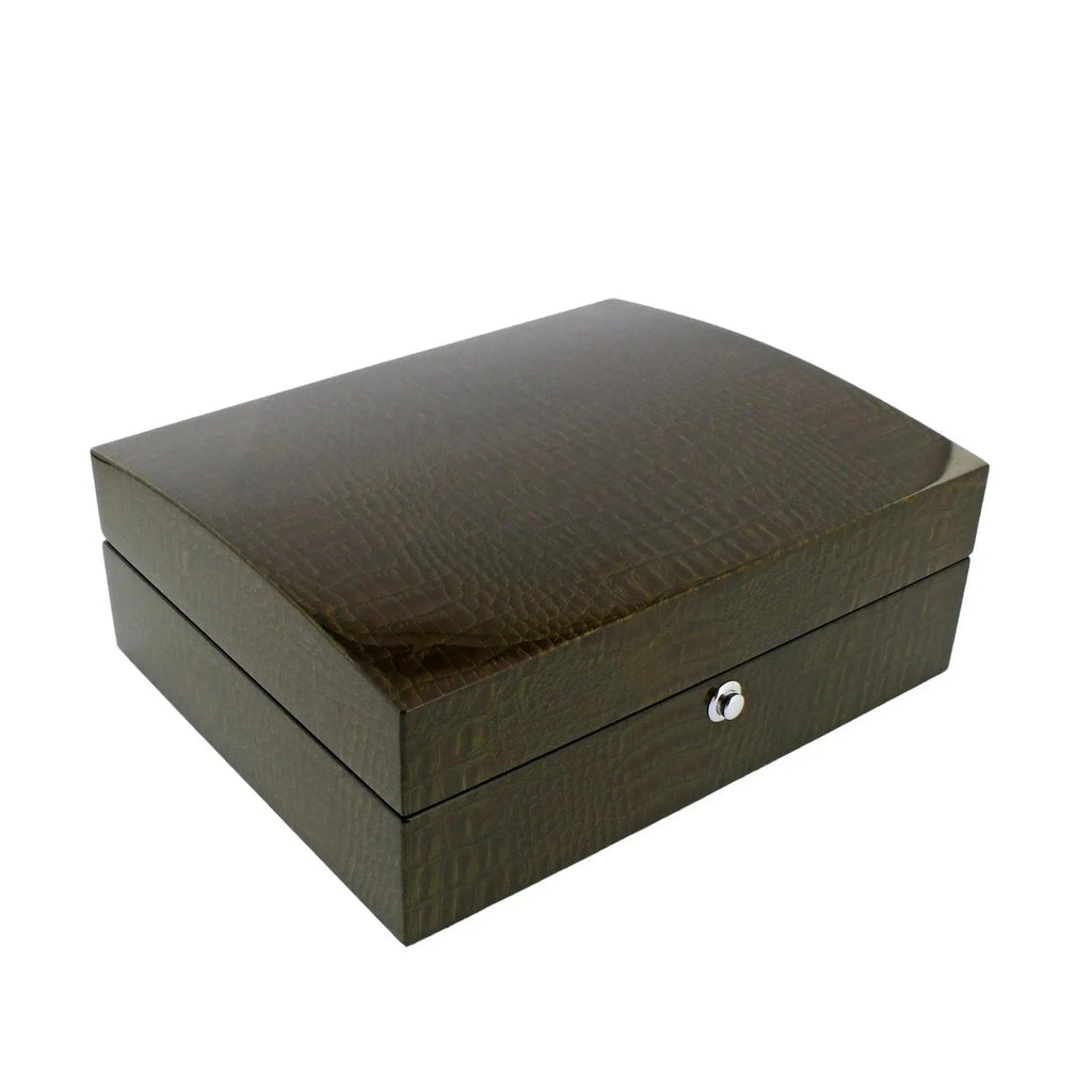 The Tempus Luxury Watch Winders 8 Watch Box features a premium green high gloss lacquered crocodile print finish, offering elegant and secure luxury watch storage.