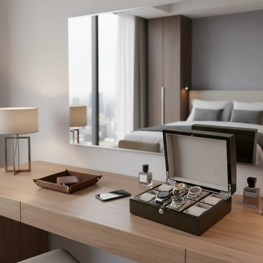 A modern bedroom vanity features a Tempus Luxury Watch Winders 8 Watch Box in Premium Green High Gloss Lacquered Crocodile Print Finish, holding luxury watches alongside a lamp, tray, smartphone, perfume bottles. A large mirror reflects the bed and window.