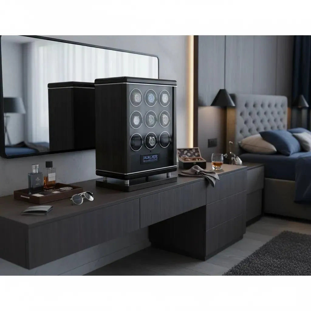 The Tempus Luxury Watch Winders 9 Watch Winder for Automatic Watches with BioMetric Technology, in a sleek black premium finish, sits on a modern dark wood dresser alongside accessories, sunglasses, drinks, and a mirror in a stylish bedroom.