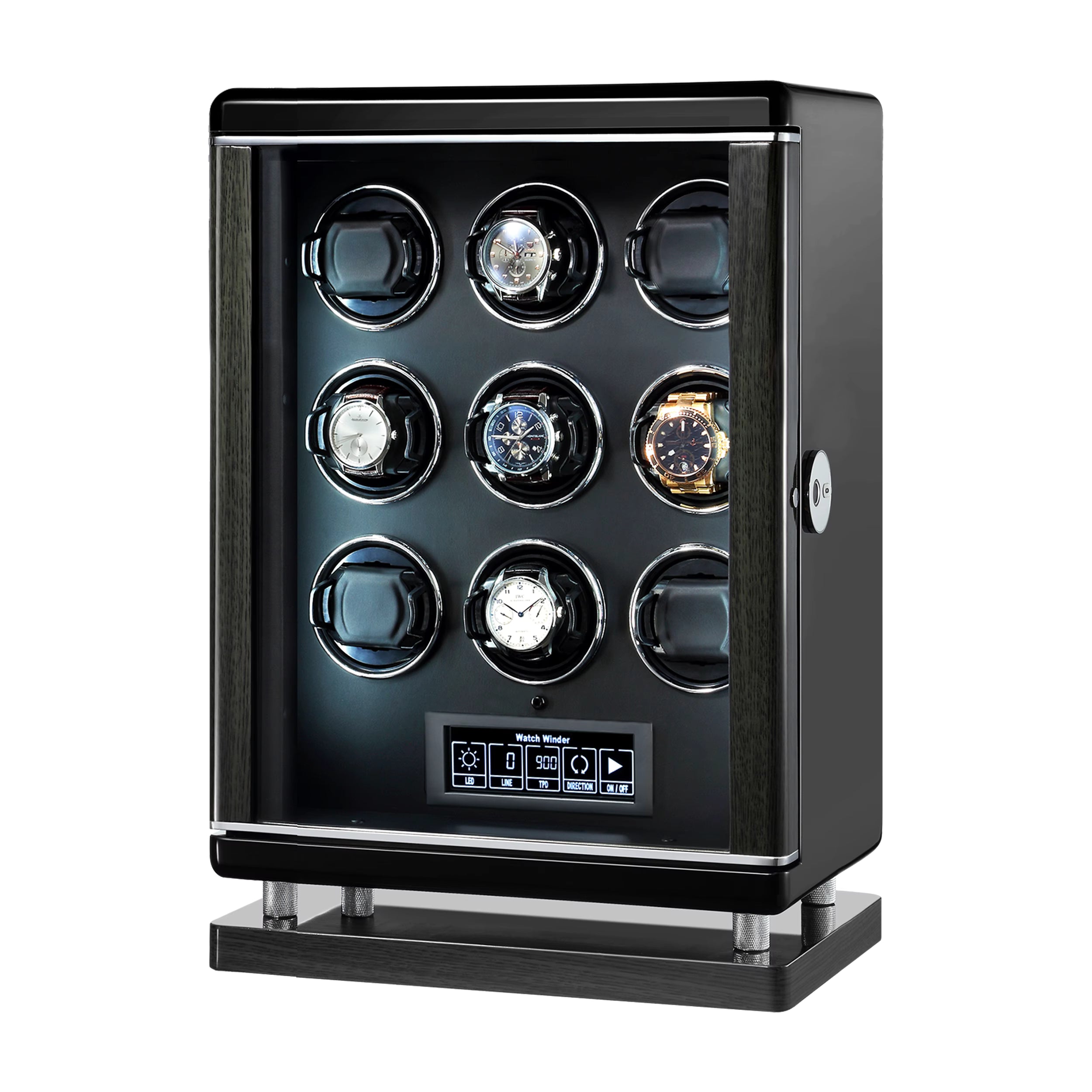 Black watch winder with six rotating watches on a white background